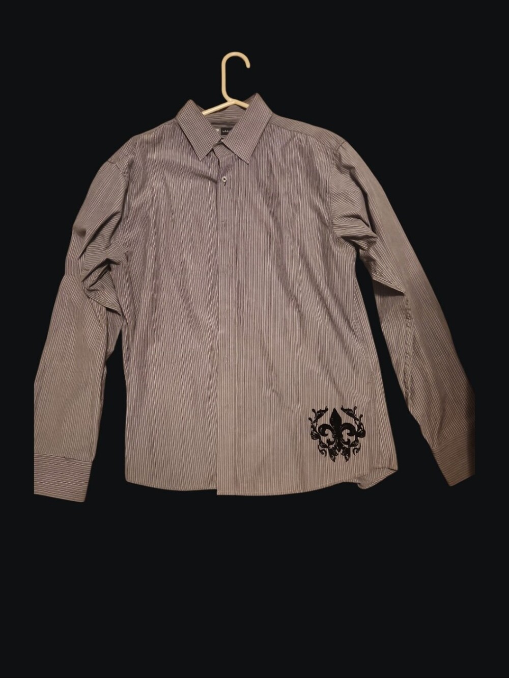 Men's Gray Striped Button-Down Shirt with Black Crest Graphic